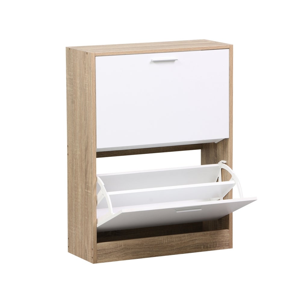 Zapatero estrecho laminado natural y blanco con 2 puertas, de 60x24x80 cm