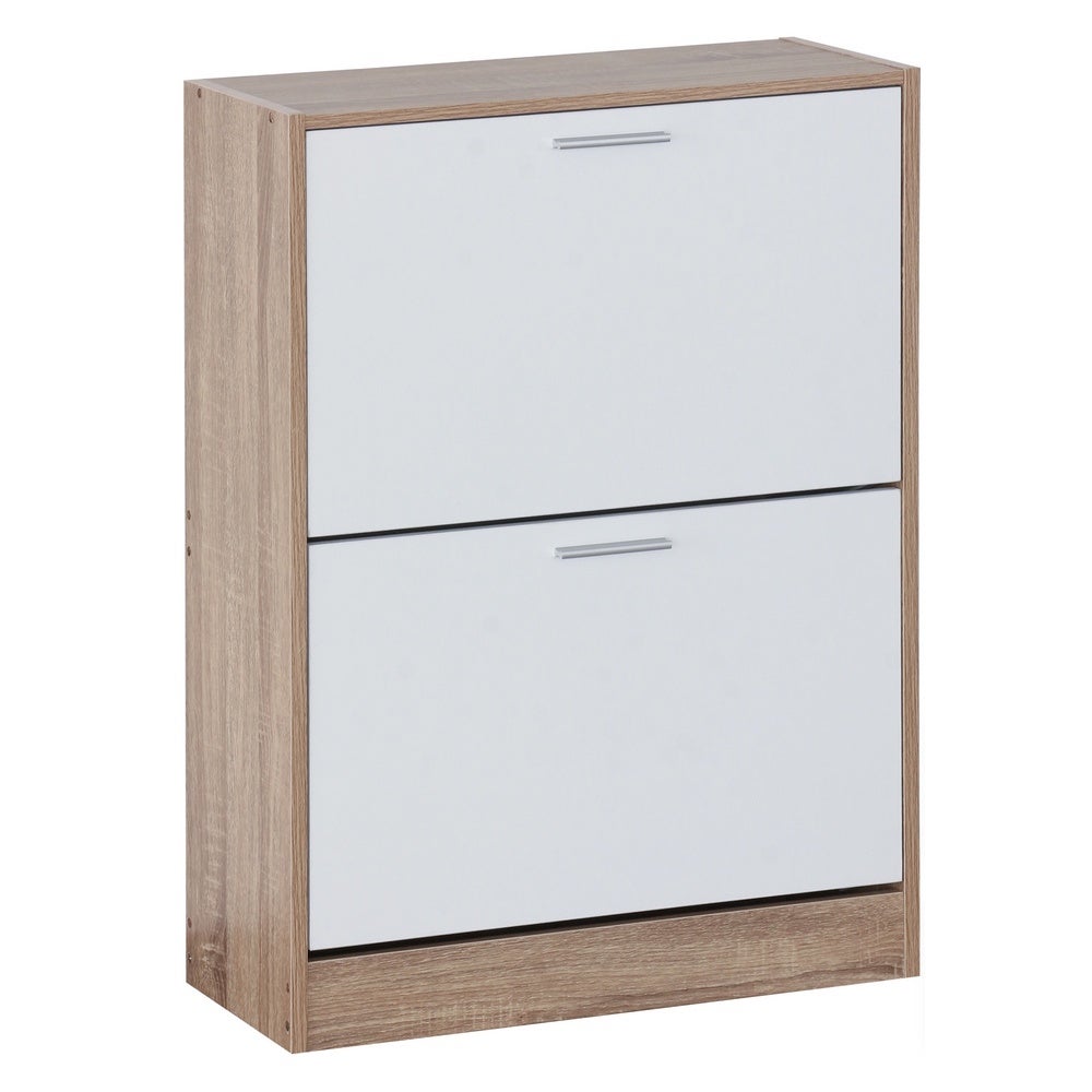 Zapatero estrecho laminado natural y blanco con 2 puertas, de 60x24x80 cm