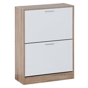 Zapatero estrecho laminado natural y blanco con 2 puertas, de 60x24x80 cm