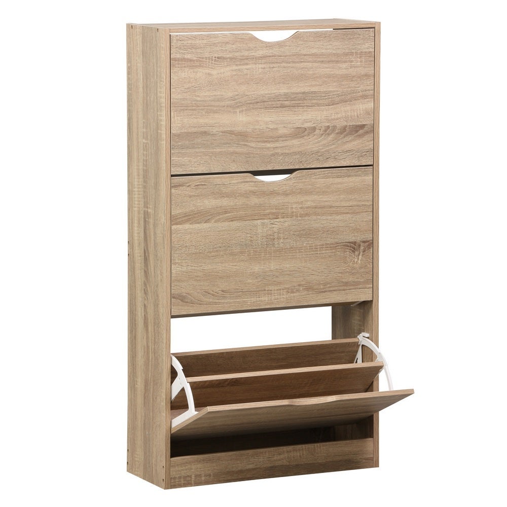 Zapatero estrecho de 3 puertas color natural de 60x24x115 cm