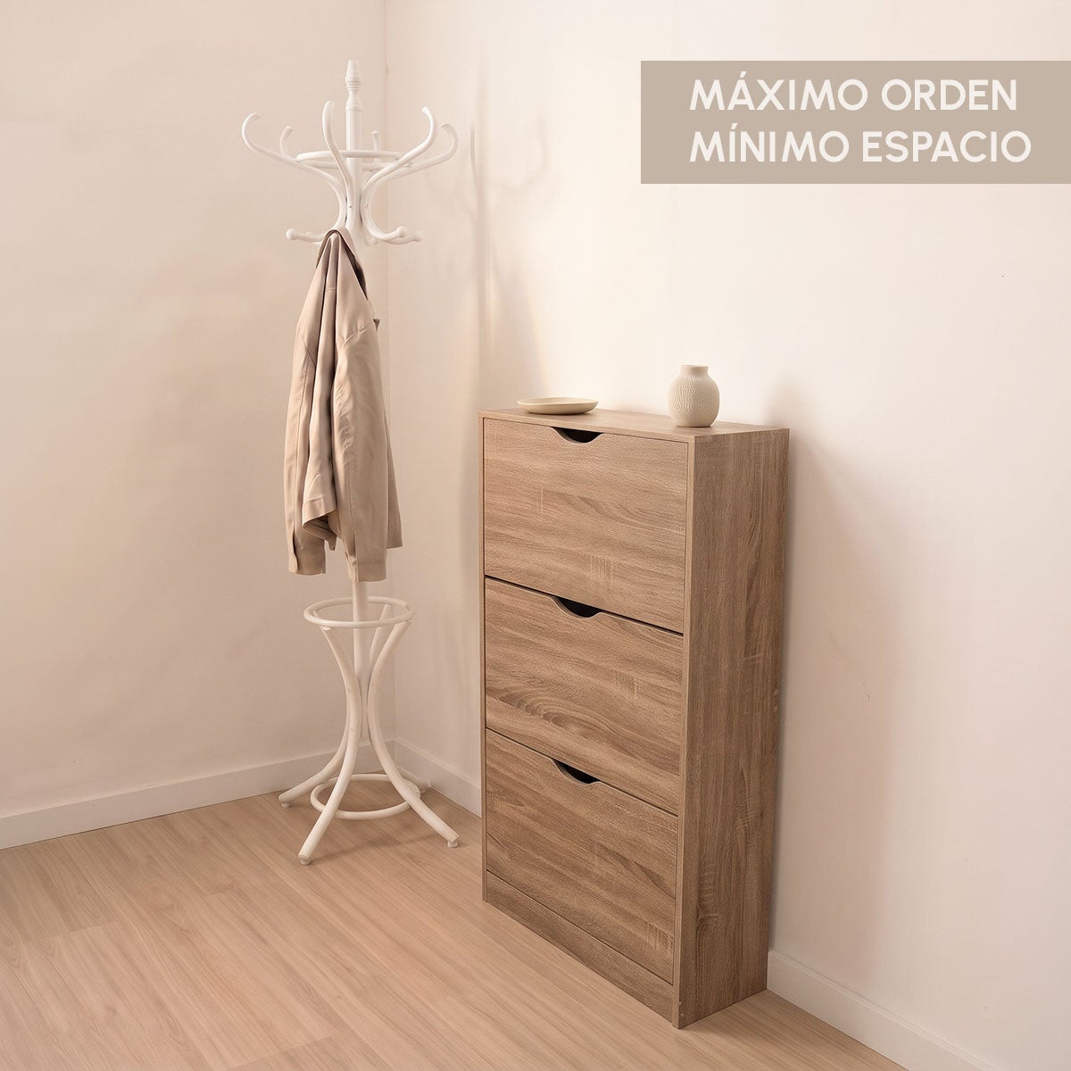 Mueble zapatero estrecho roble con 3 puertas para 12 pares de 60x24x115 cm