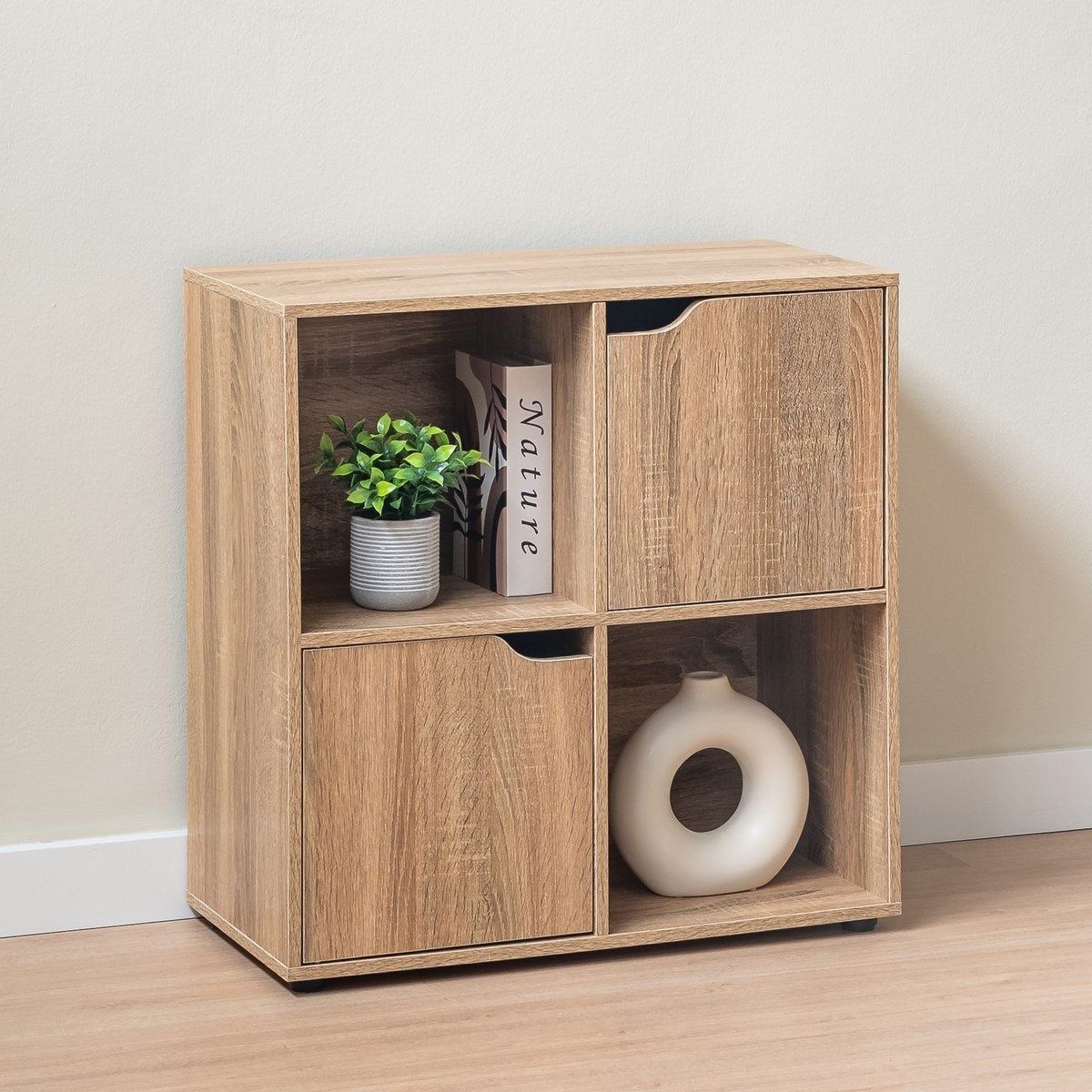 Estantería Cubo 2 puertas de madera color natural de 60x60x29 cm
