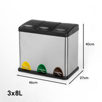 Papelera de reciclaje de 3x8 litros de acero inoxidable