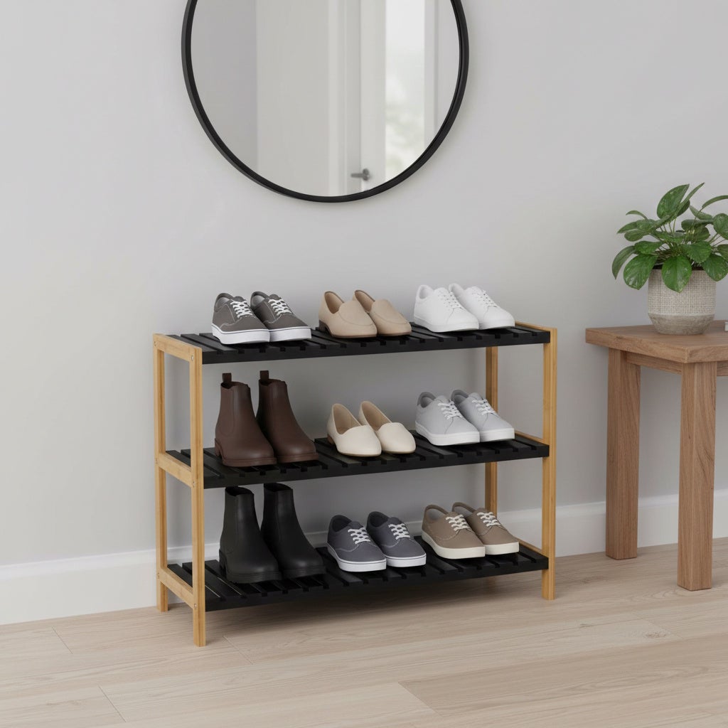 Zapatero Negro de Bambú-Madera Laminada de 3 Baldas 70x26x59 cm