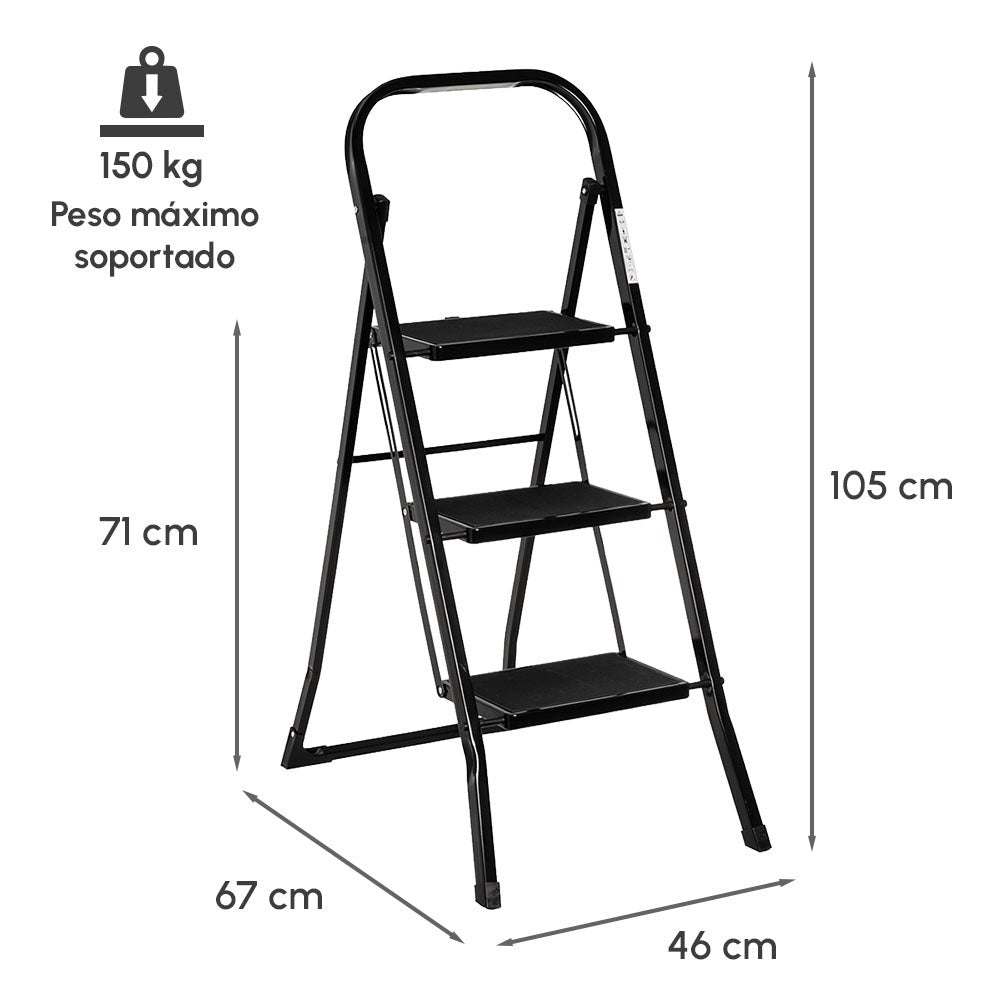 Escalera plegable de 3 peldaños antideslizantes de acero color negro
