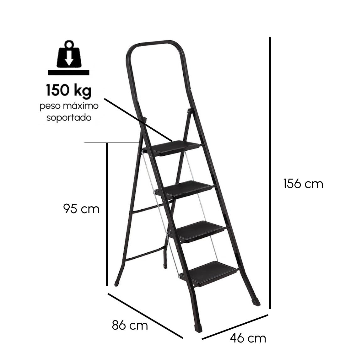 Escalera plegable de 4 peldaños antideslizante negra