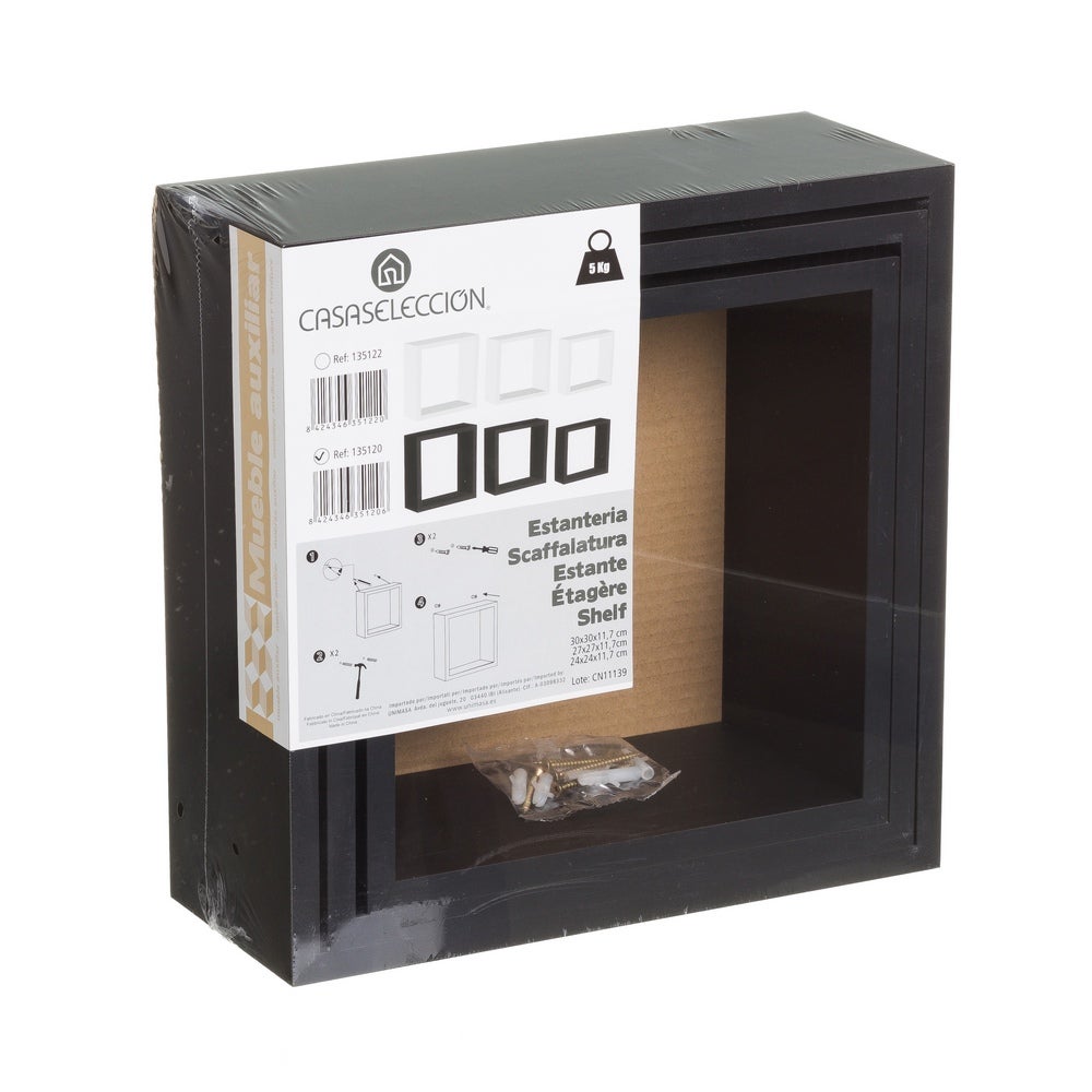 Set de 3 estantes de pared cuadrados negros de 30x30, 27x27 y 24x24 cm