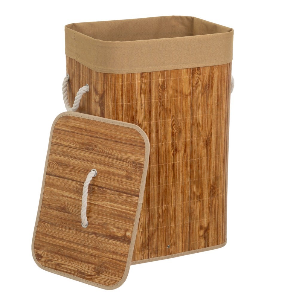 Cesto de ropa plegable con tapa de bambú y tela marrón 70 L 40x30x60 cm