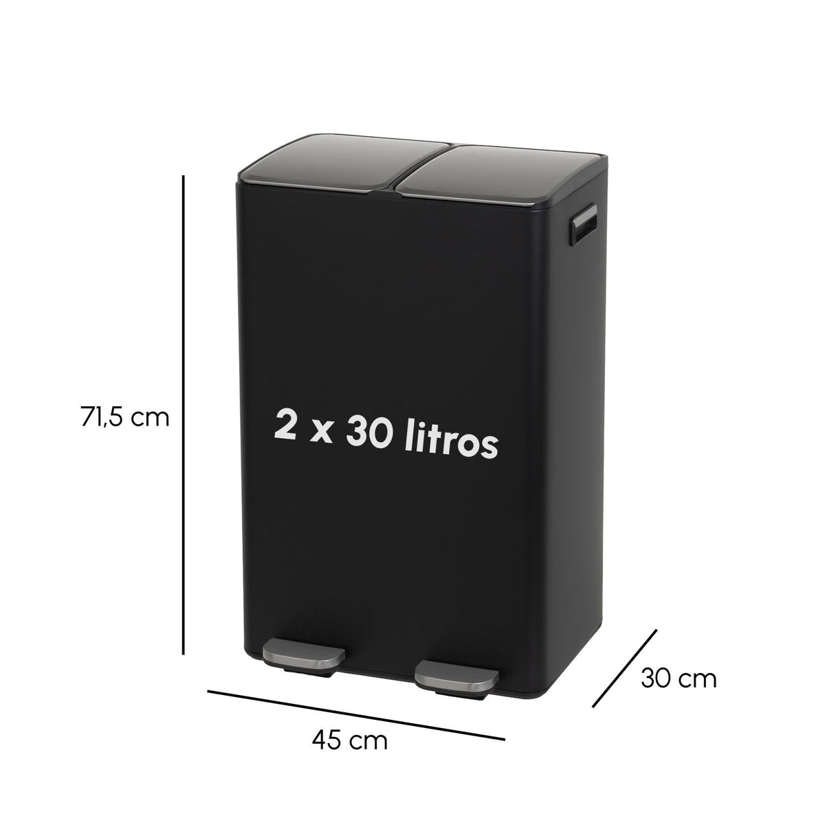 Papelera de pedal negra antihuellas con tapas de cierre suave de 2x30litros